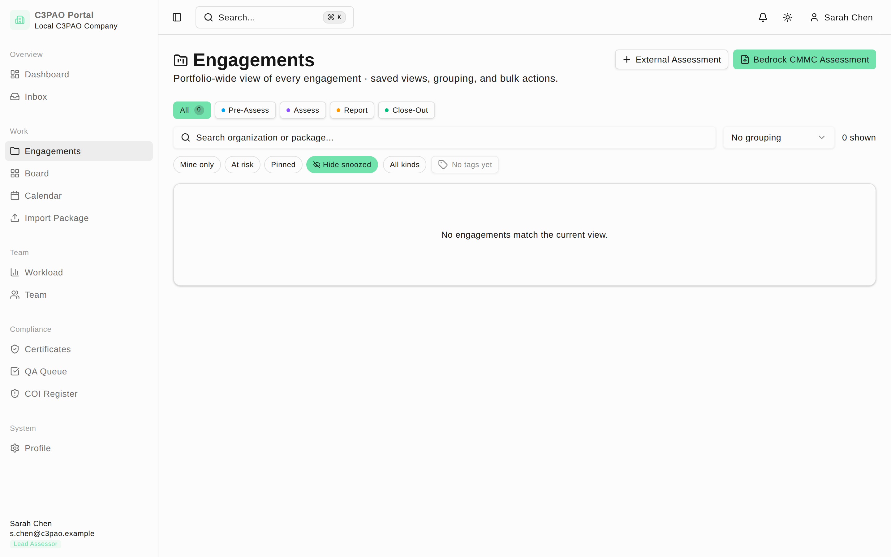Engagements list with phase tabs and filter chips