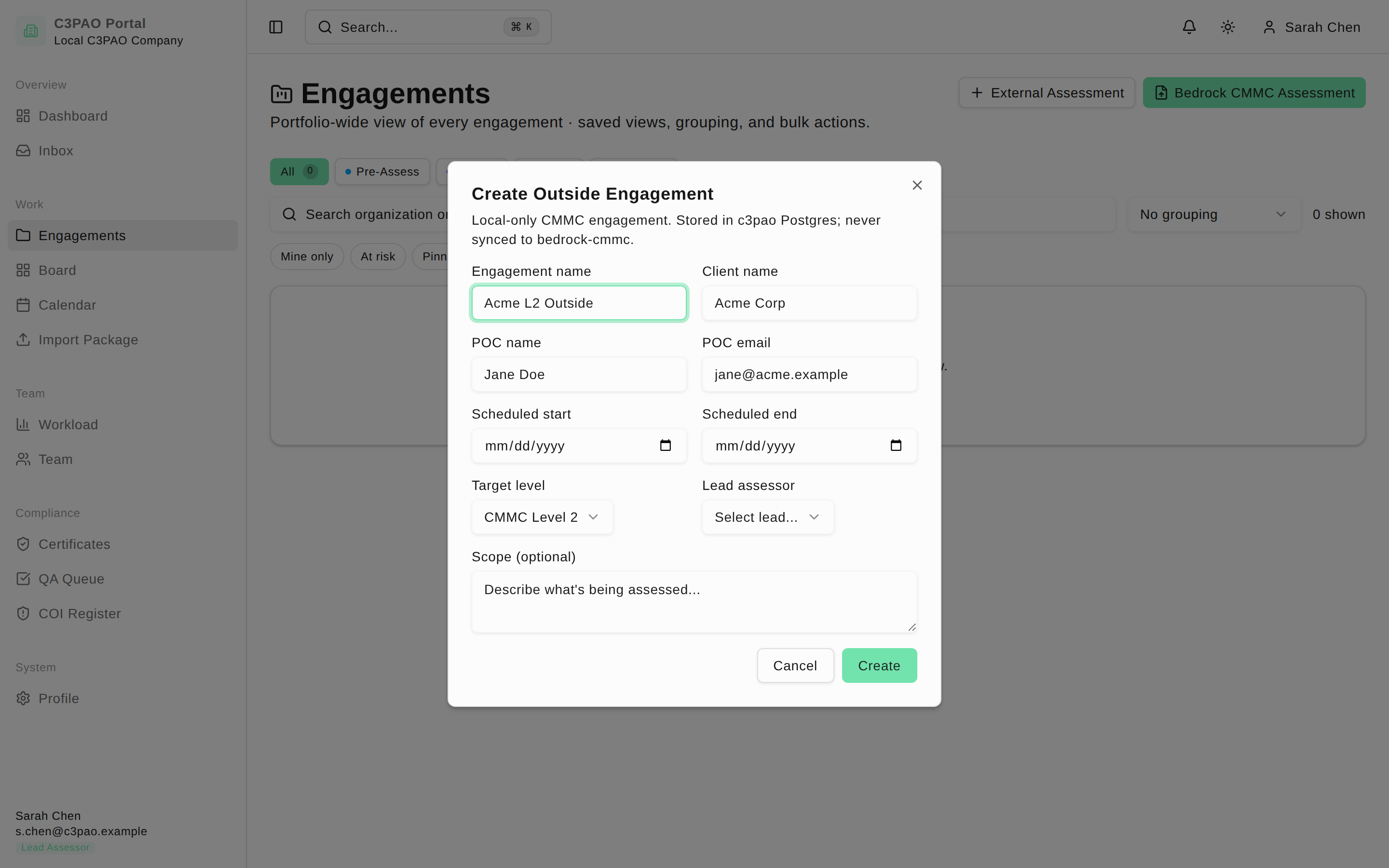 Create Outside Engagement dialog