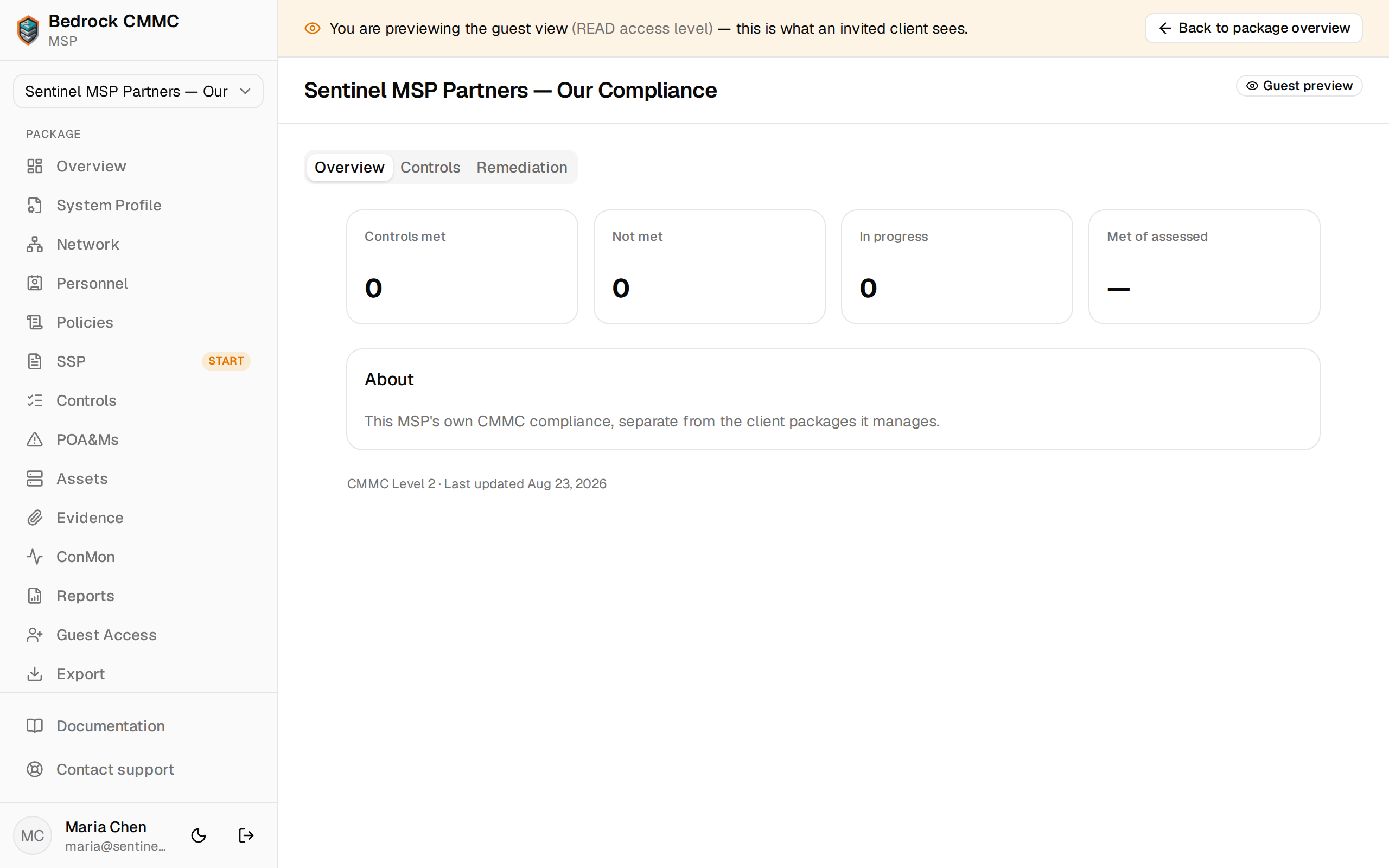 The guest preview of a package, with the preview banner and the Overview, Controls, and Remediation tabs