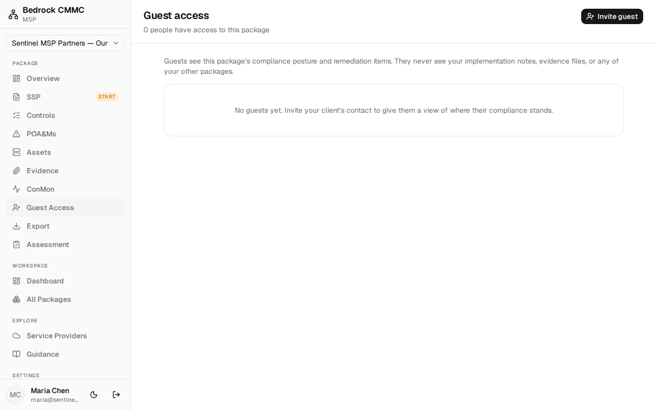 The Guest access page with the Invite guest button and empty guest list