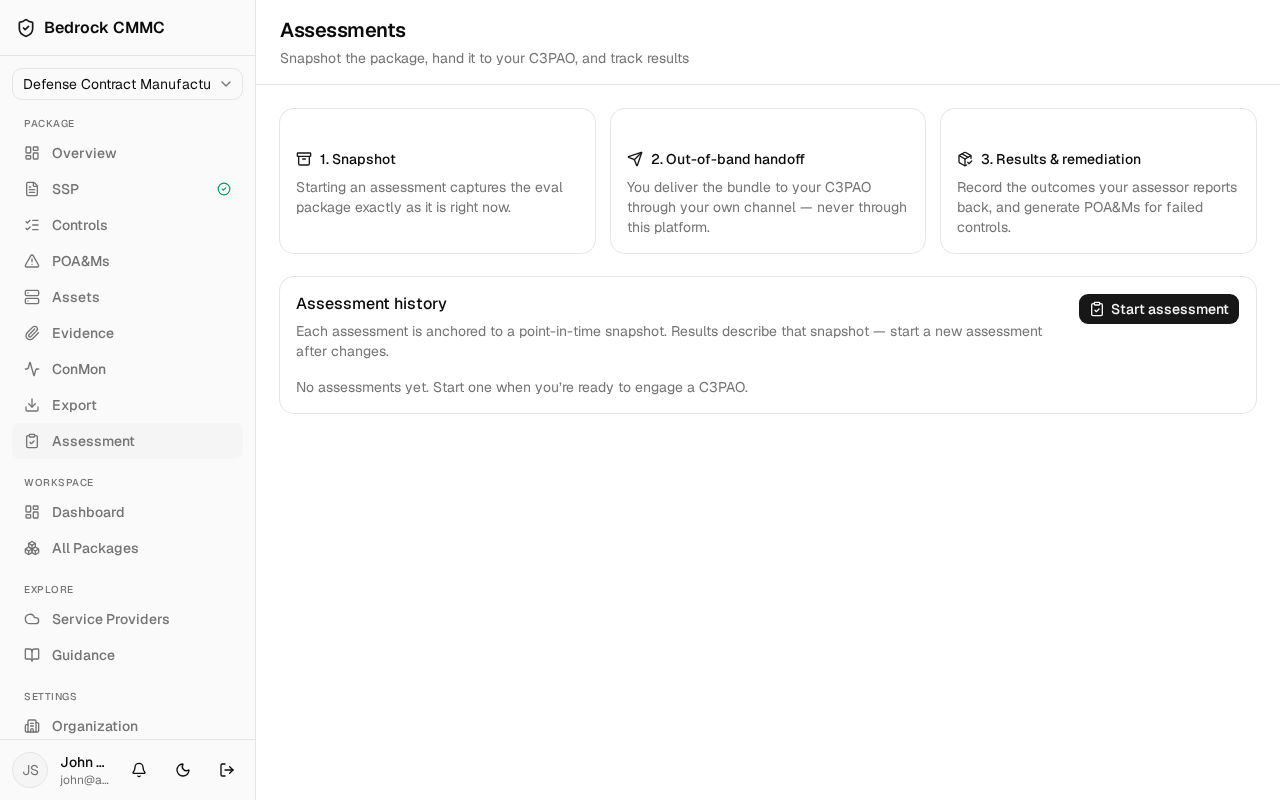 The Assessments page with the three handoff steps and assessment history