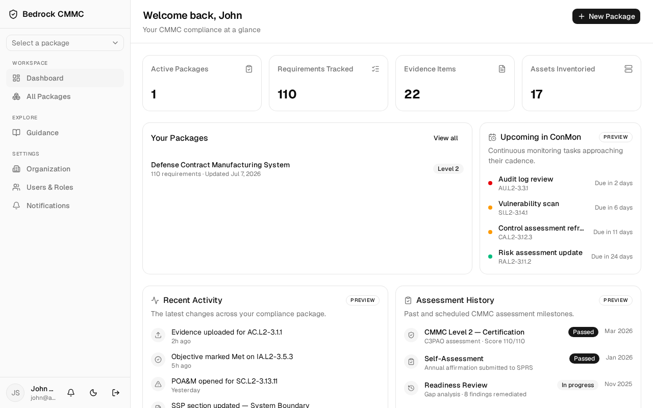The dashboard with stat cards, Your Packages, and Upcoming in ConMon panels
