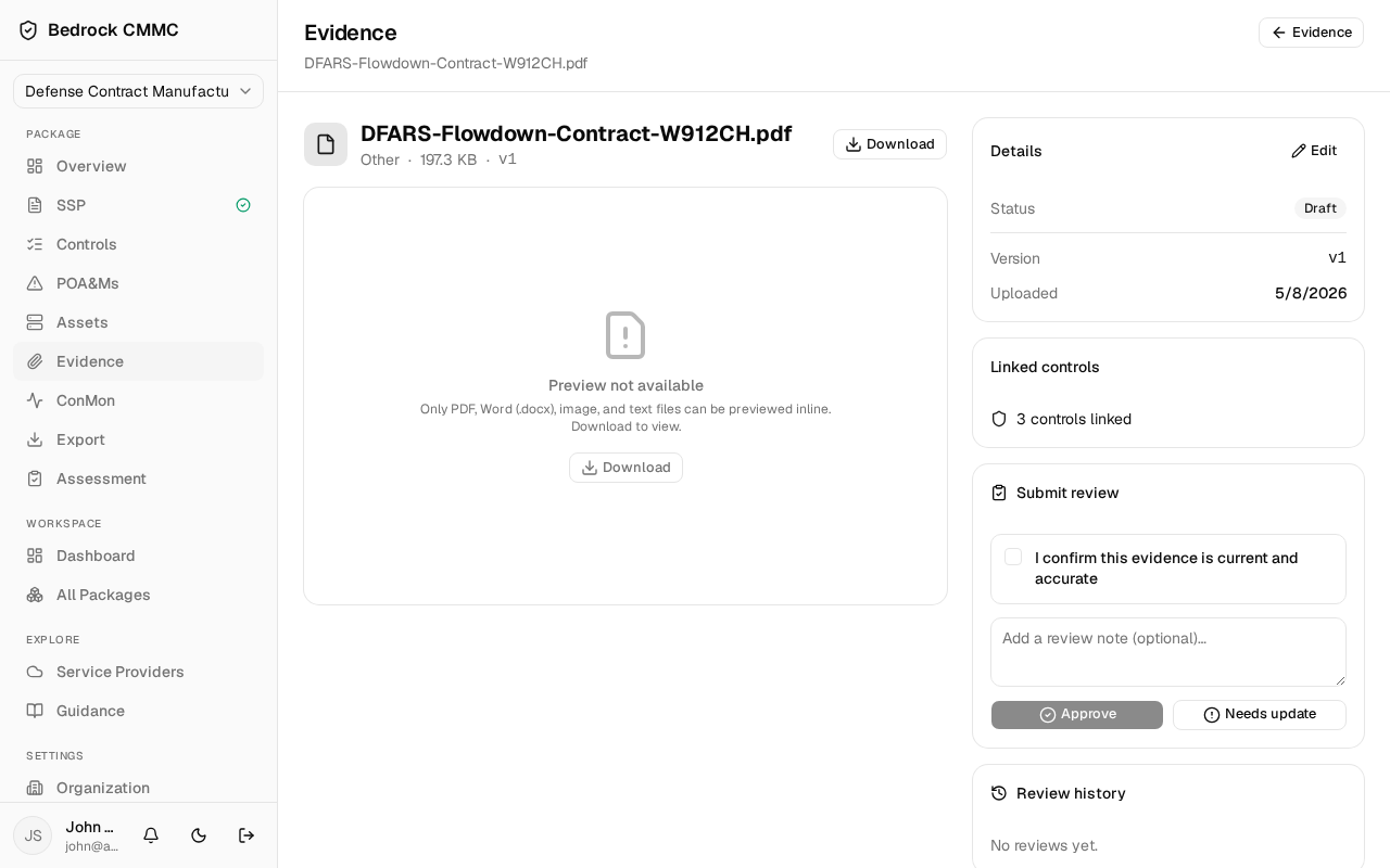 An evidence detail page with preview, Details, Linked controls, and Submit review panels