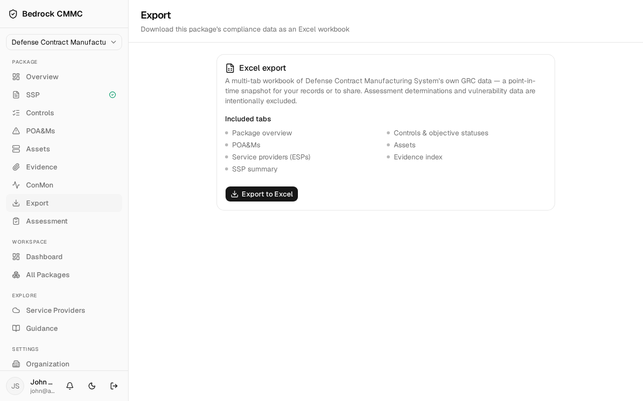 The Export page with the Excel export card listing included tabs