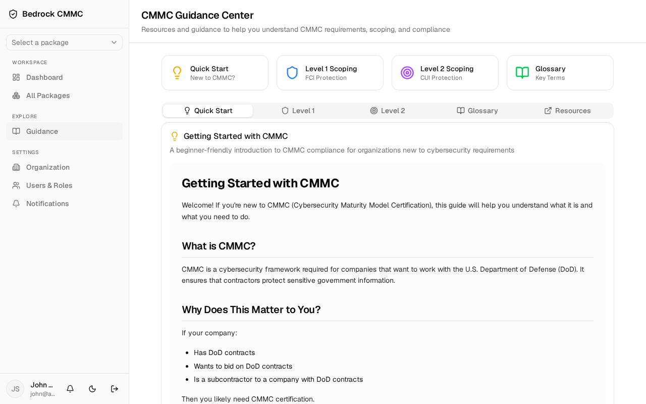 The CMMC Guidance Center with document cards and tabs