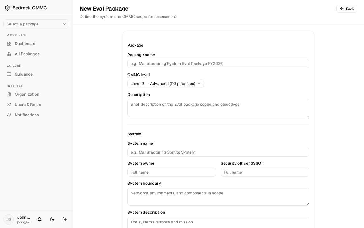 The New Eval Package form with Package and System sections