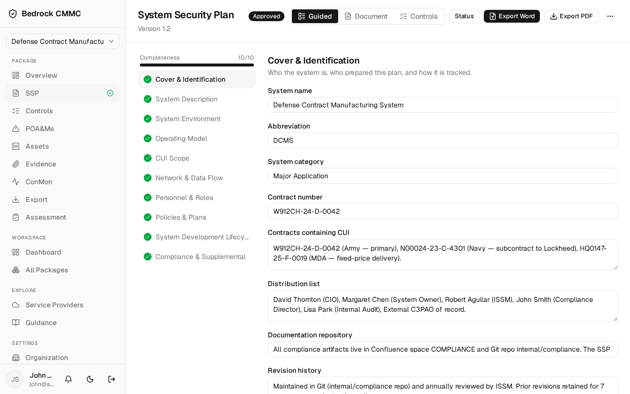 The SSP in Guided view with the section checklist and Cover & Identification fields