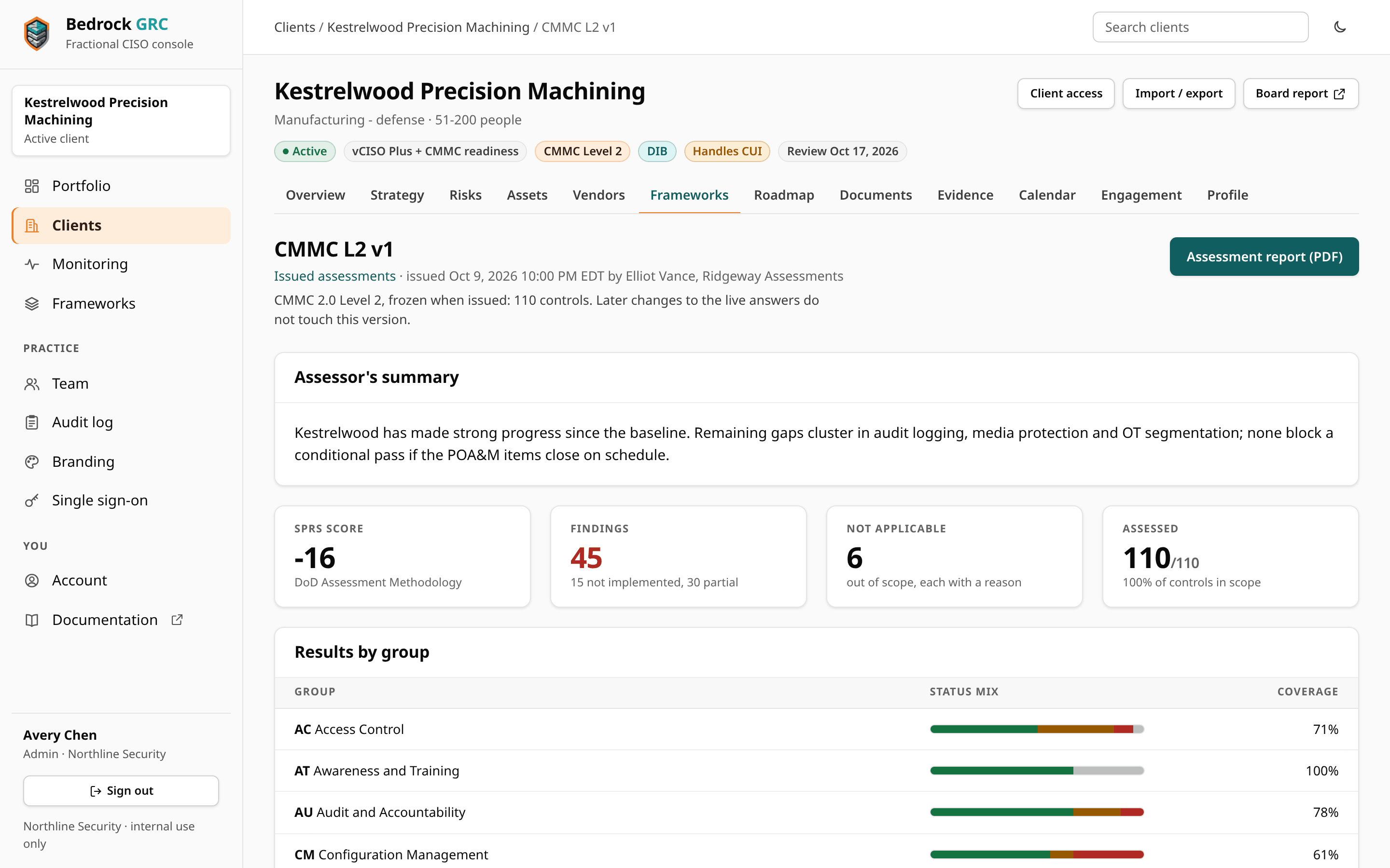 An issued CMMC Level 2 assessment, version 1, issued by a partner firm's assessor: the Assessor's summary, tiles for the SPRS score, 45 findings, 6 not applicable and 110 of 110 assessed, and Results by group