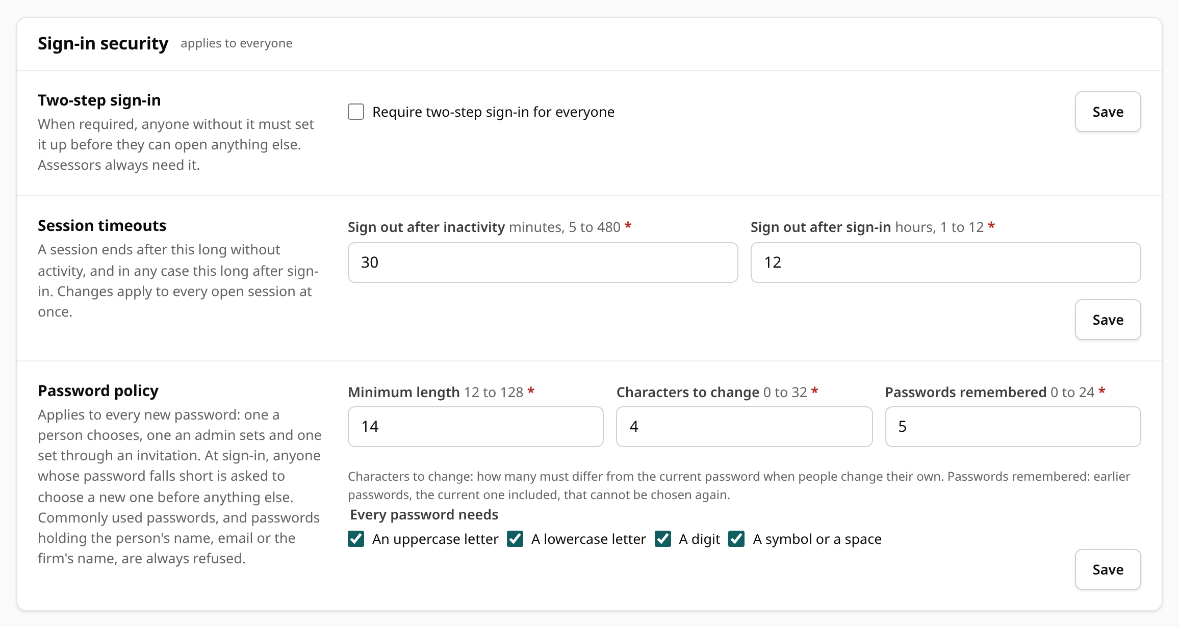 The Sign-in security card on the Team page: two-step sign-in, session timeouts, and the password policy with minimum length 14, characters to change 4, passwords remembered 5 and all four kinds of character required