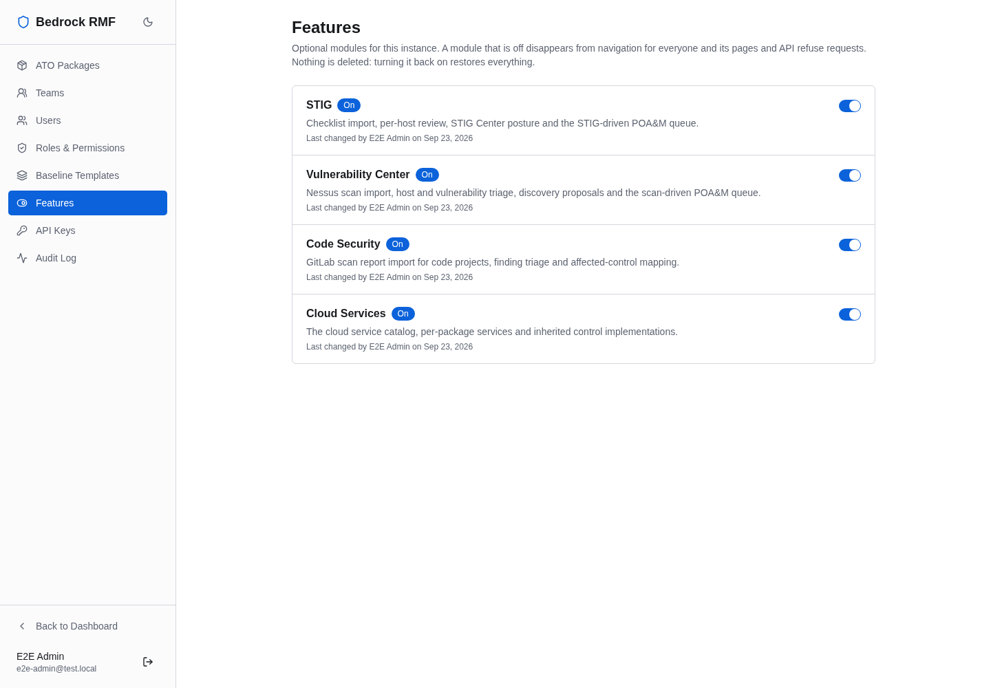 Admin → Features with a switch per optional module