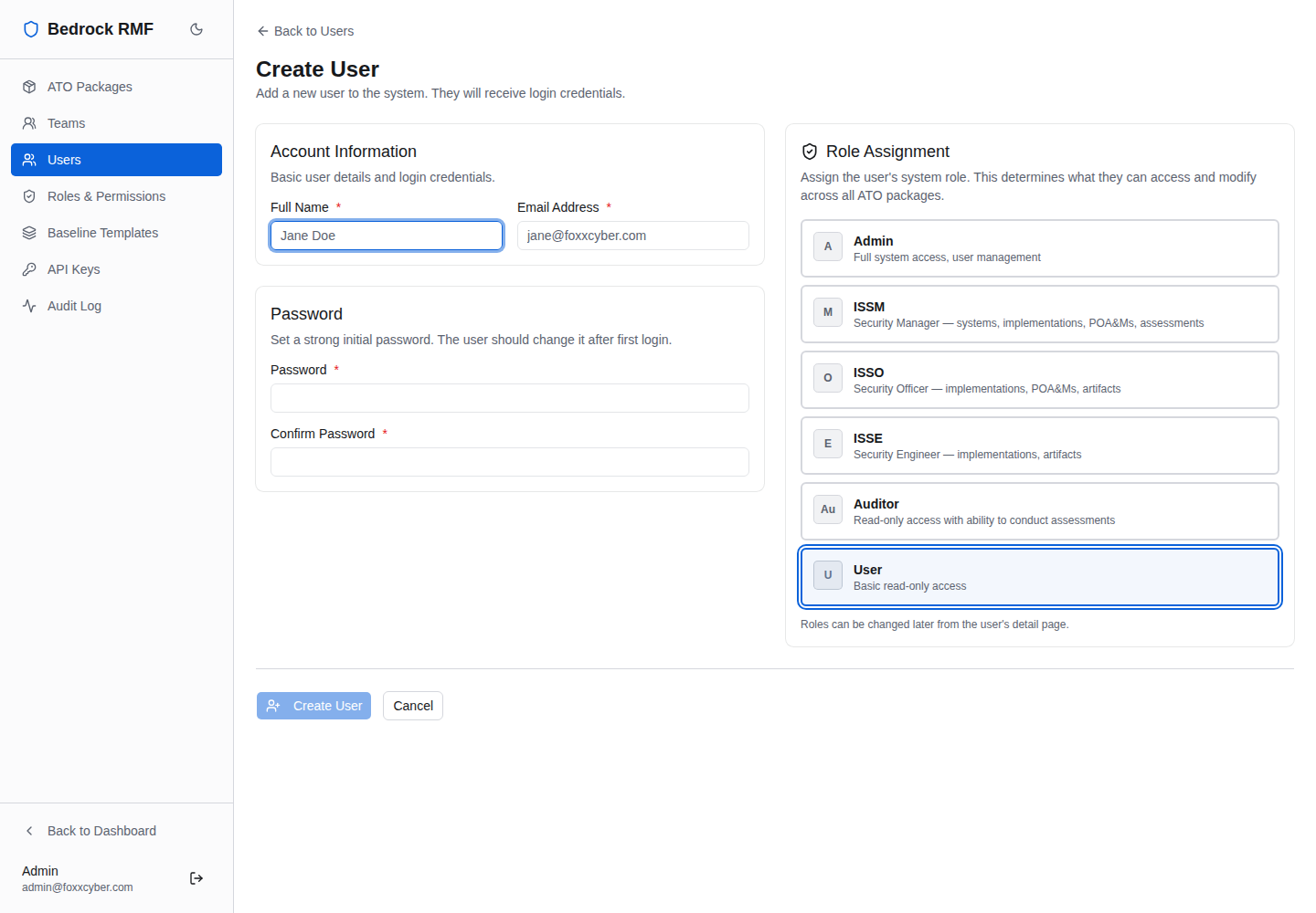 Admin → Users → Create User, with the role cards
