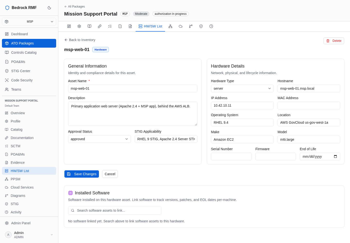 An asset's detail page with identity, hardware and network sections