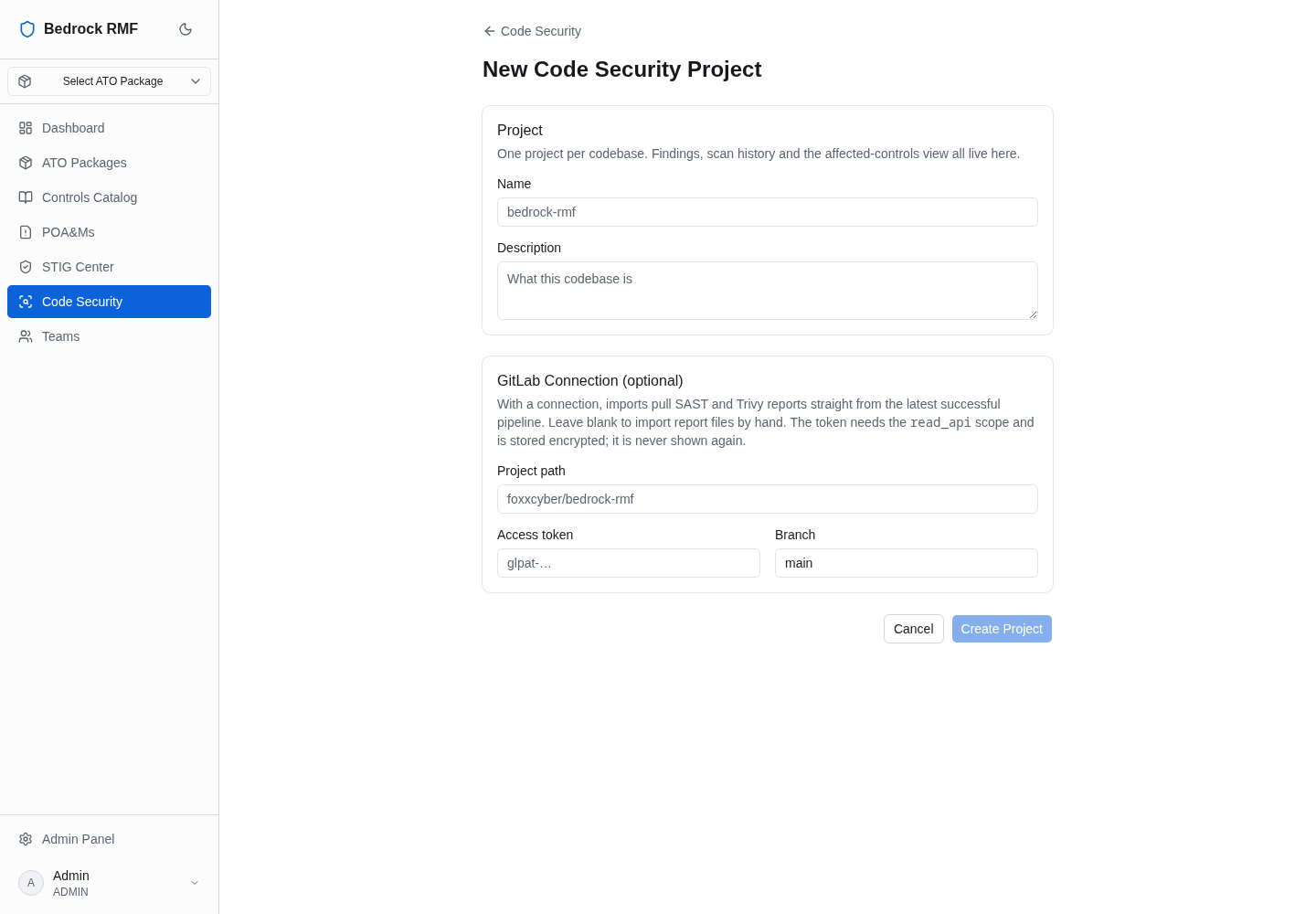 The New Project form with the optional GitLab connection