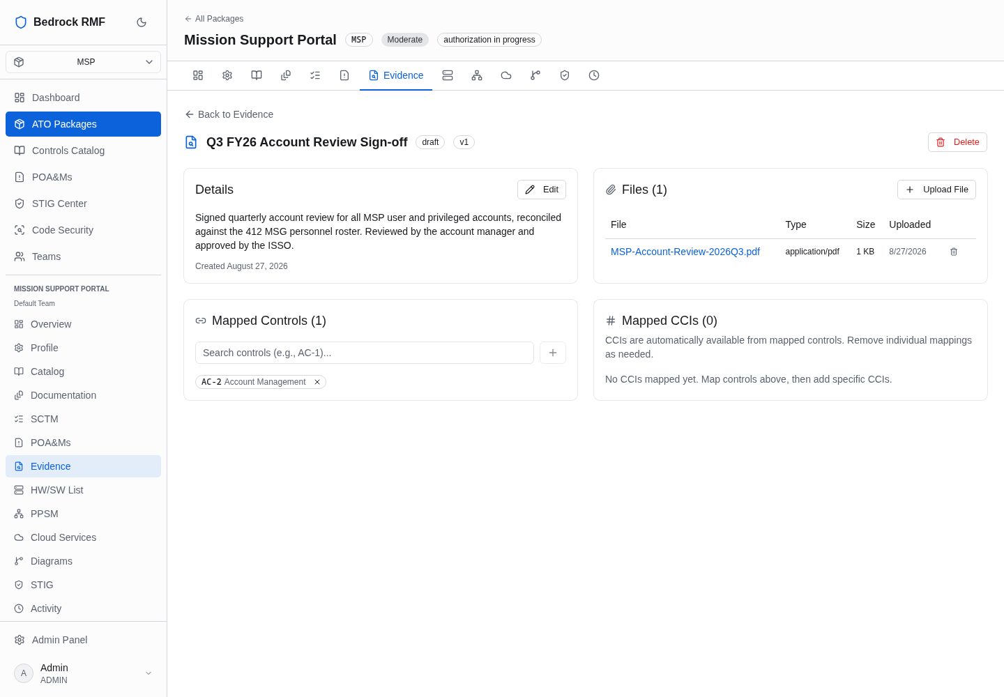 An evidence item with its file, mapped controls and automatically available CCIs