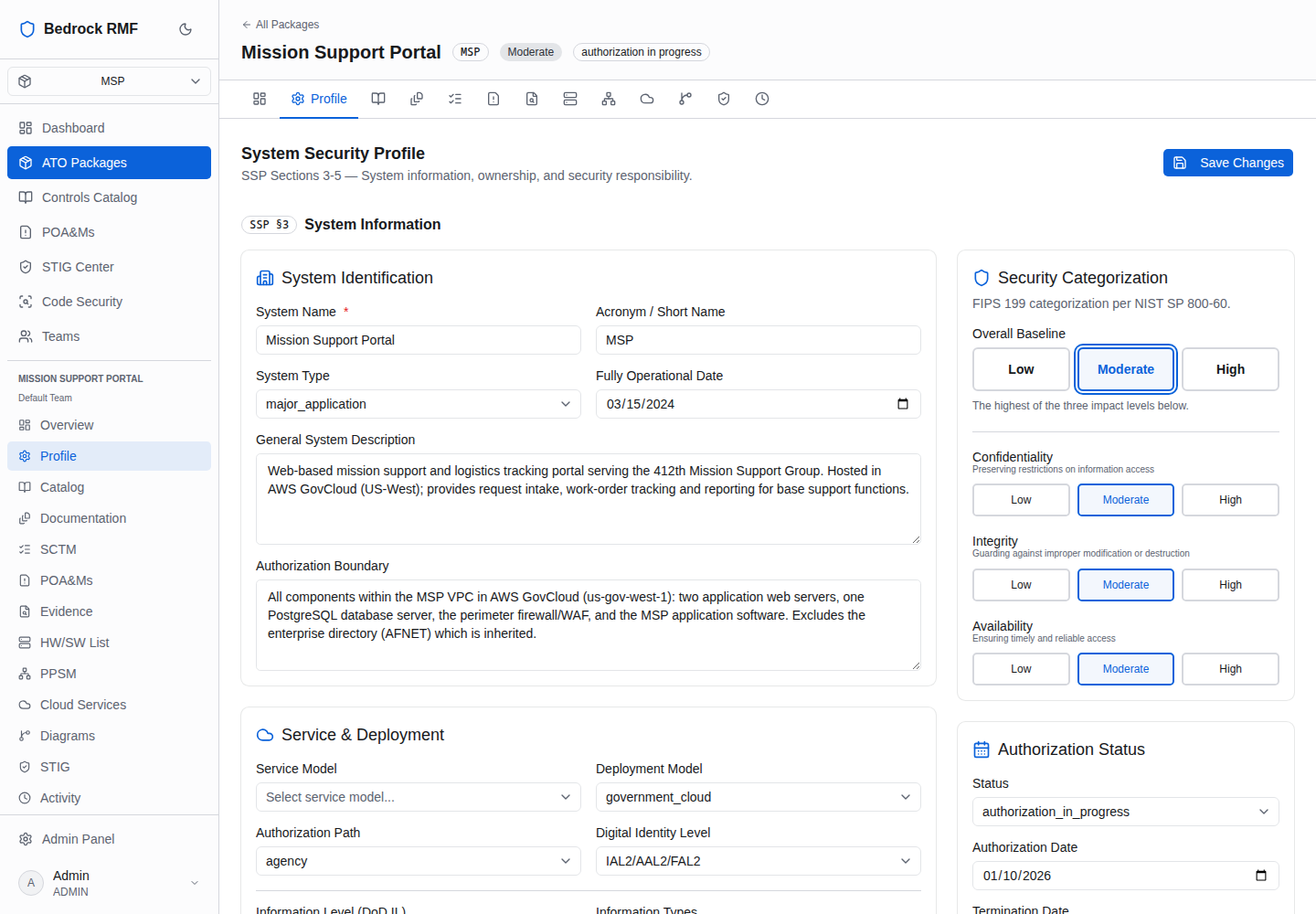 The package Profile form: system identification, hosting model, impact levels, authorization status and points of contact
