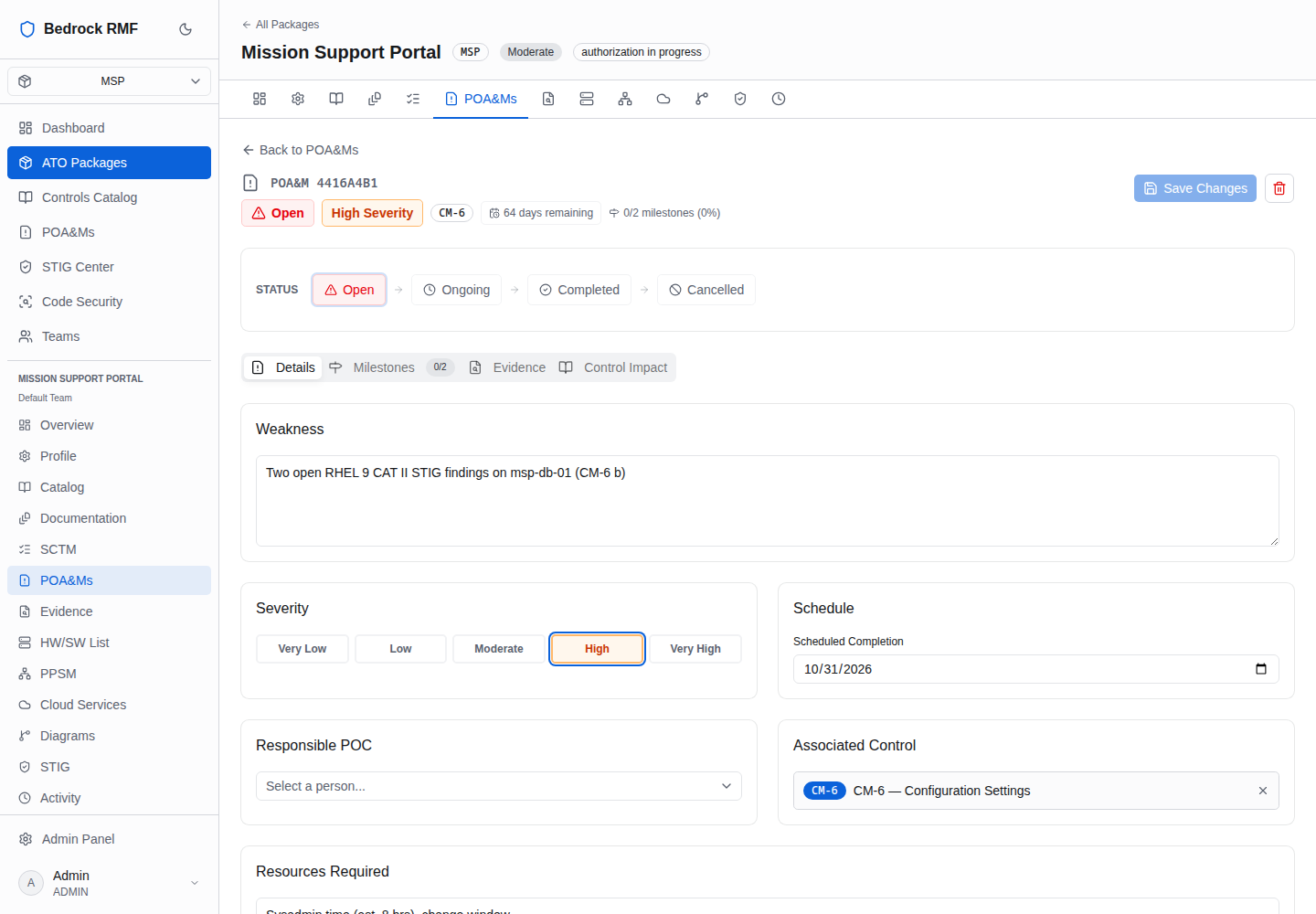A POA&M detail page with the status stepper, header badges and the Details tab