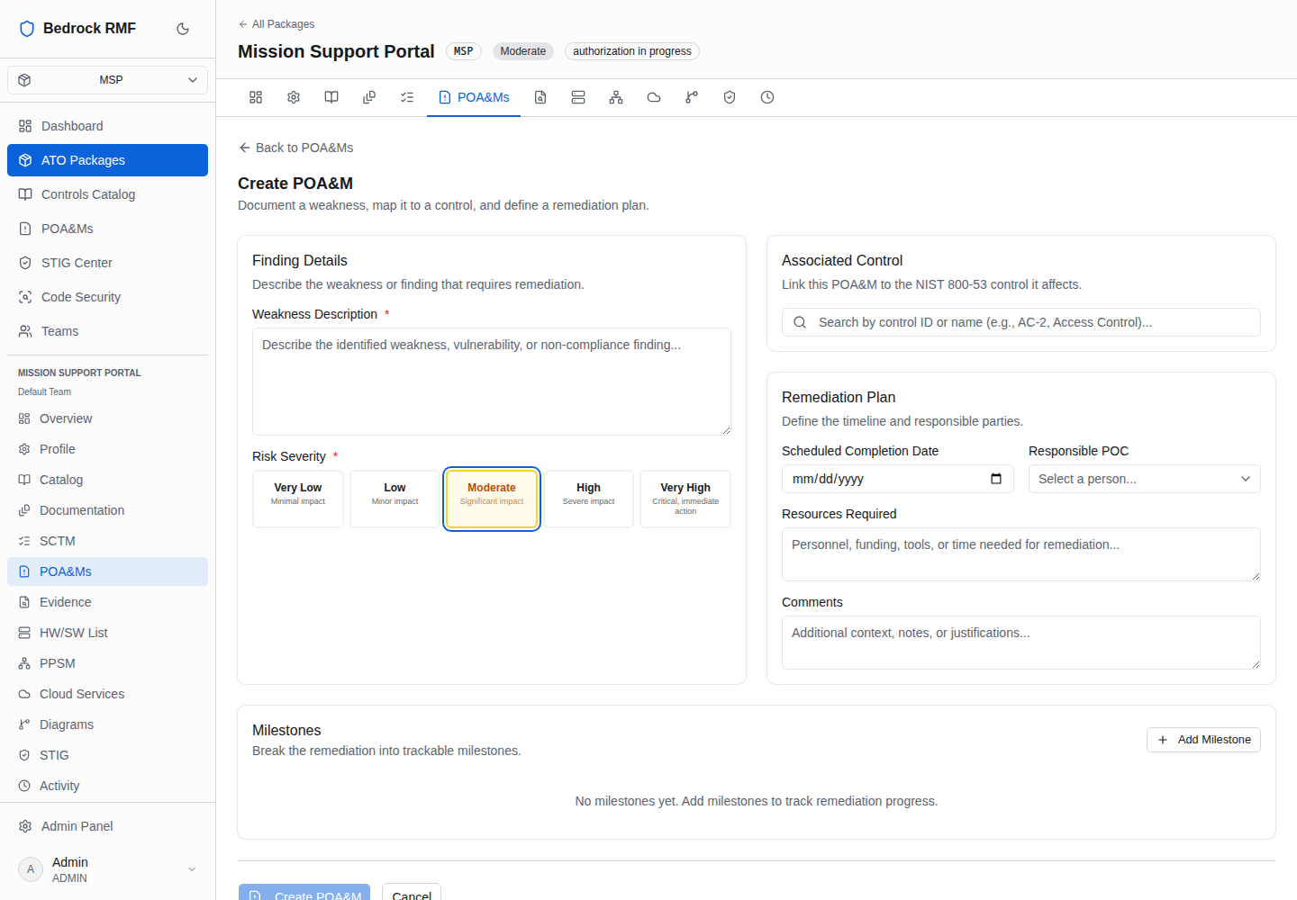 The New POA&M form with severity buttons, control search, remediation plan and milestones