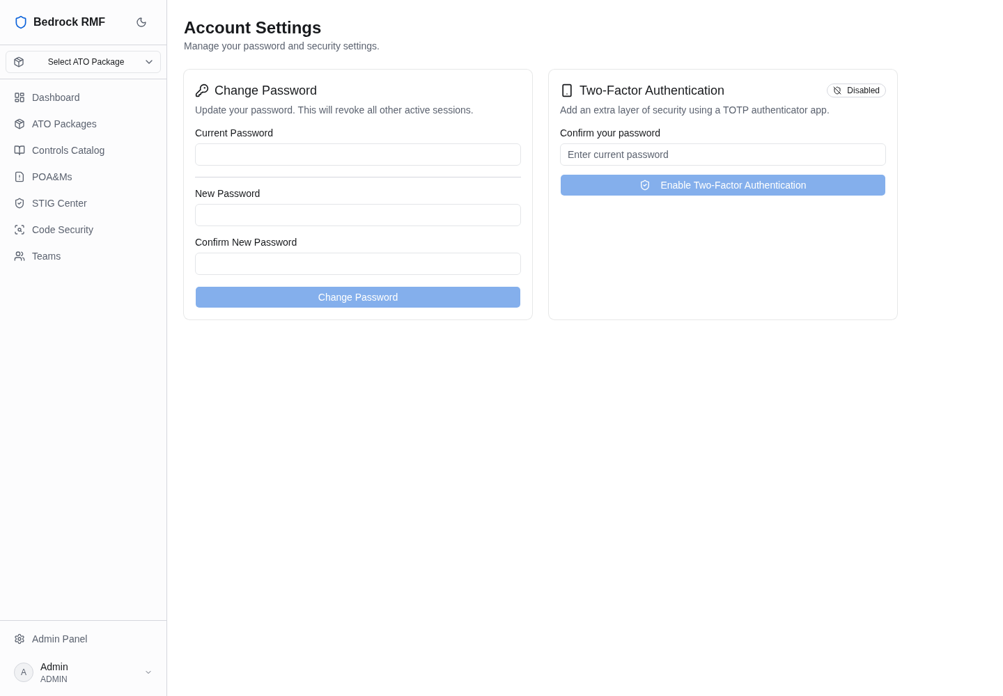 Account Settings with Change Password and Two-Factor Authentication