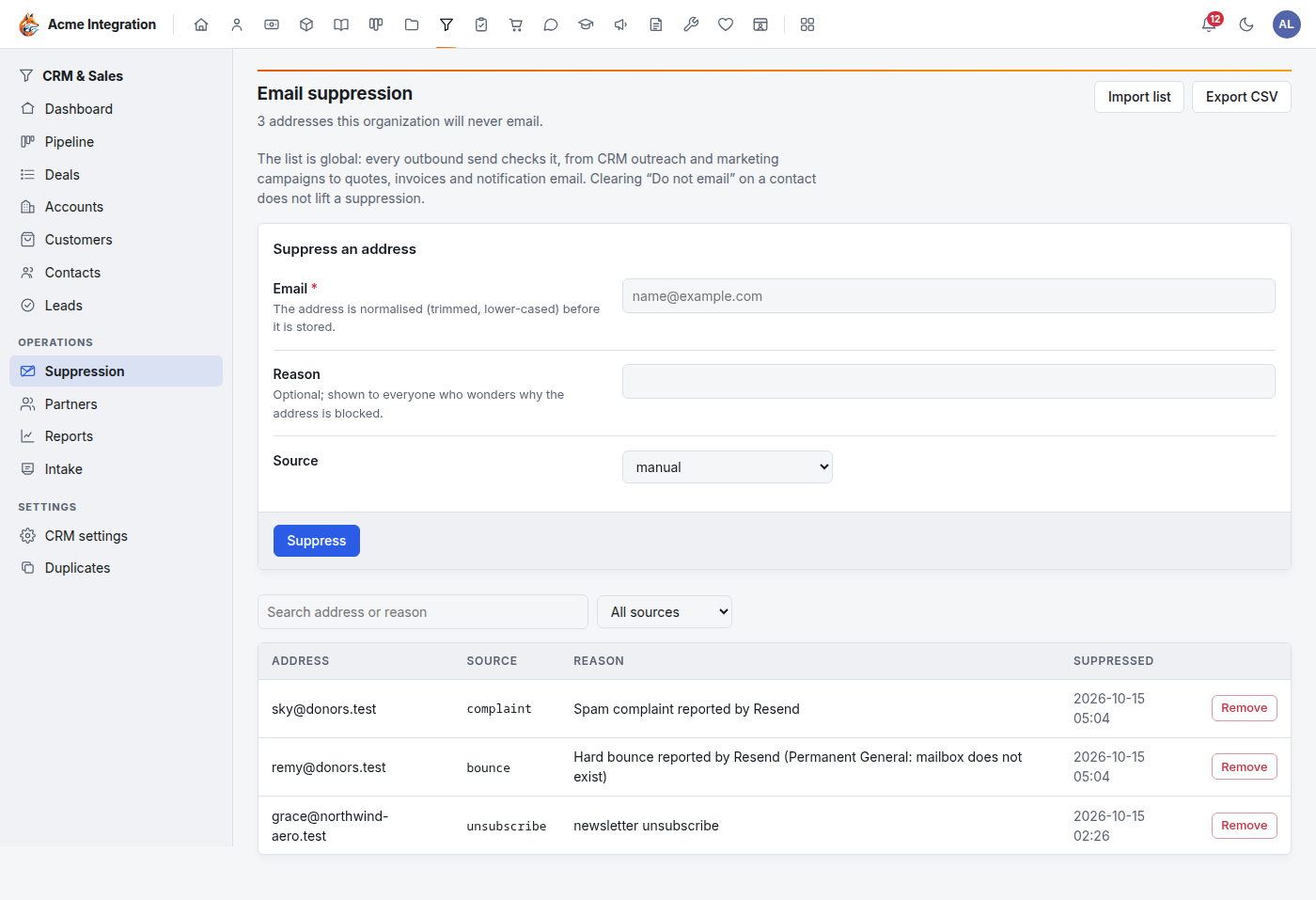 The Email suppression page: the Suppress an address form, and three suppressed addresses with their source (complaint, bounce, unsubscribe), reason and date, each with Remove