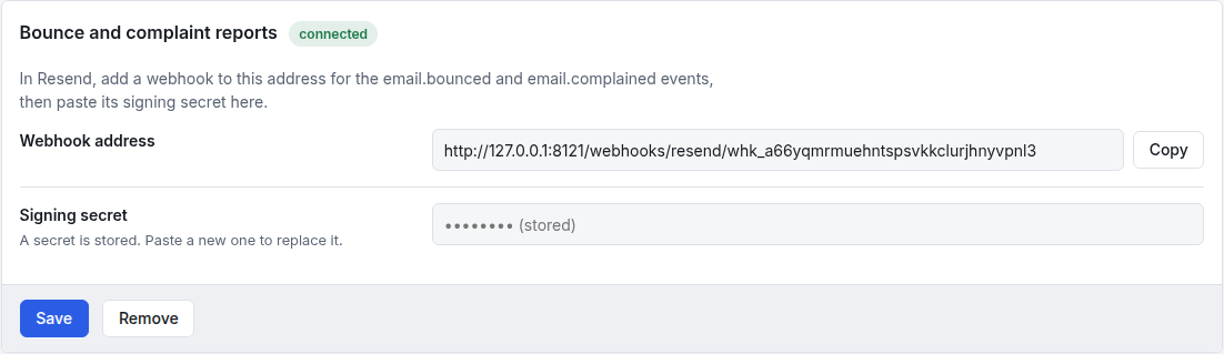 The Bounce and complaint reports section, connected: the Webhook address with a Copy button, and the stored signing secret