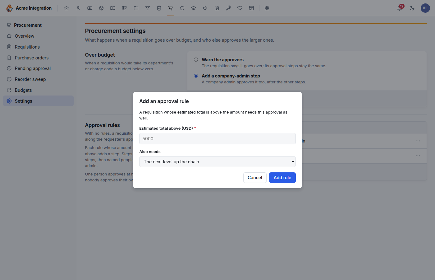 The Add an approval rule dialog over Procurement settings: estimated total above, and also needs the next level up the chain