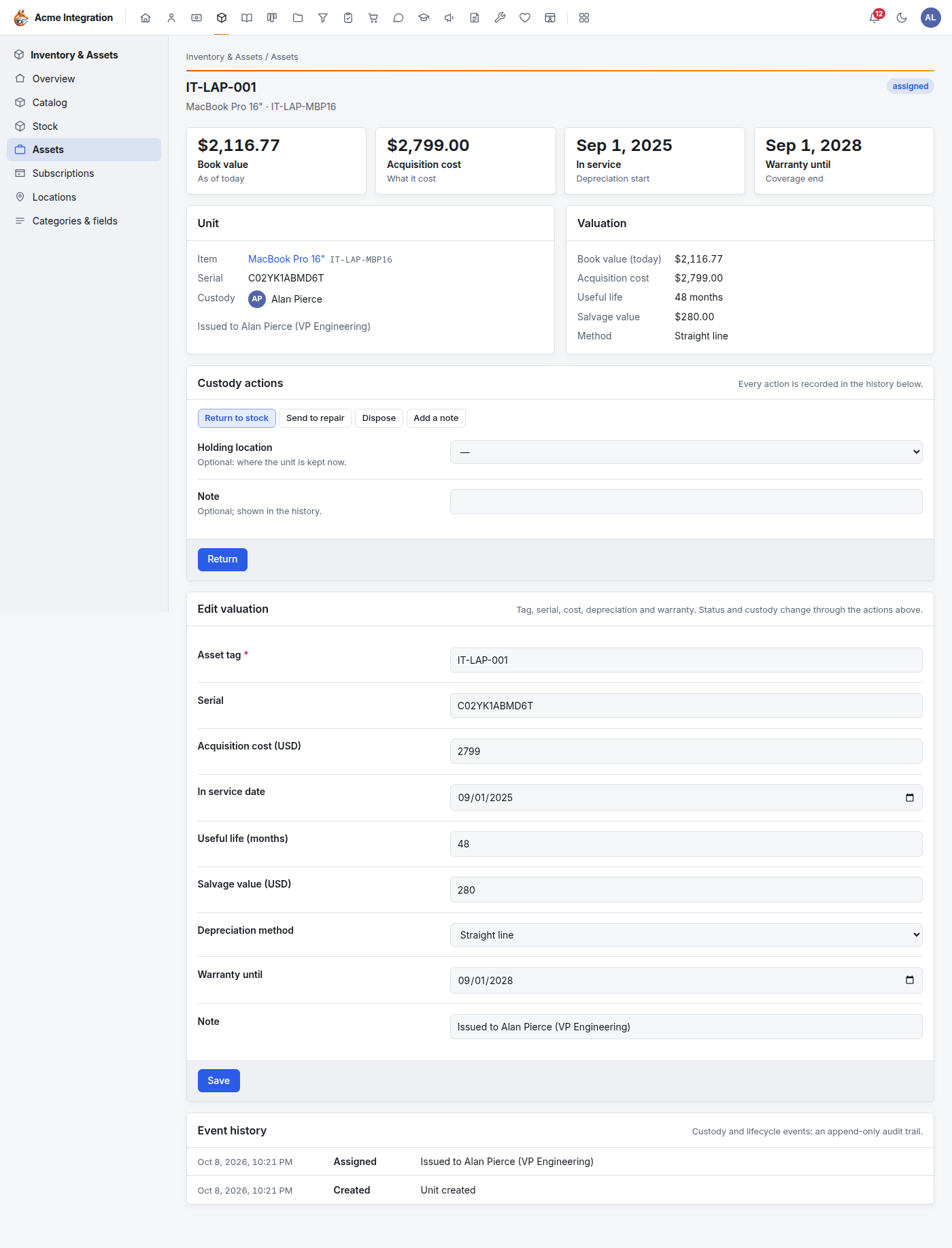 An asset unit: book value, acquisition cost, in-service and warranty dates, who holds it, the custody actions, the valuation form and the event history