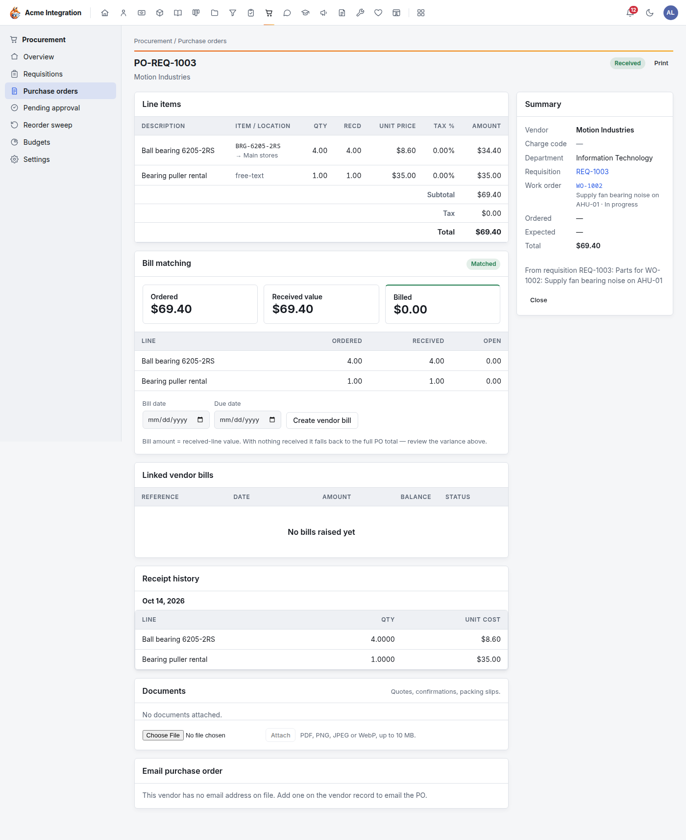 A received purchase order: line items with item and location, Bill matching showing ordered, received and billed, the Create vendor bill form, linked bills and the receipt history