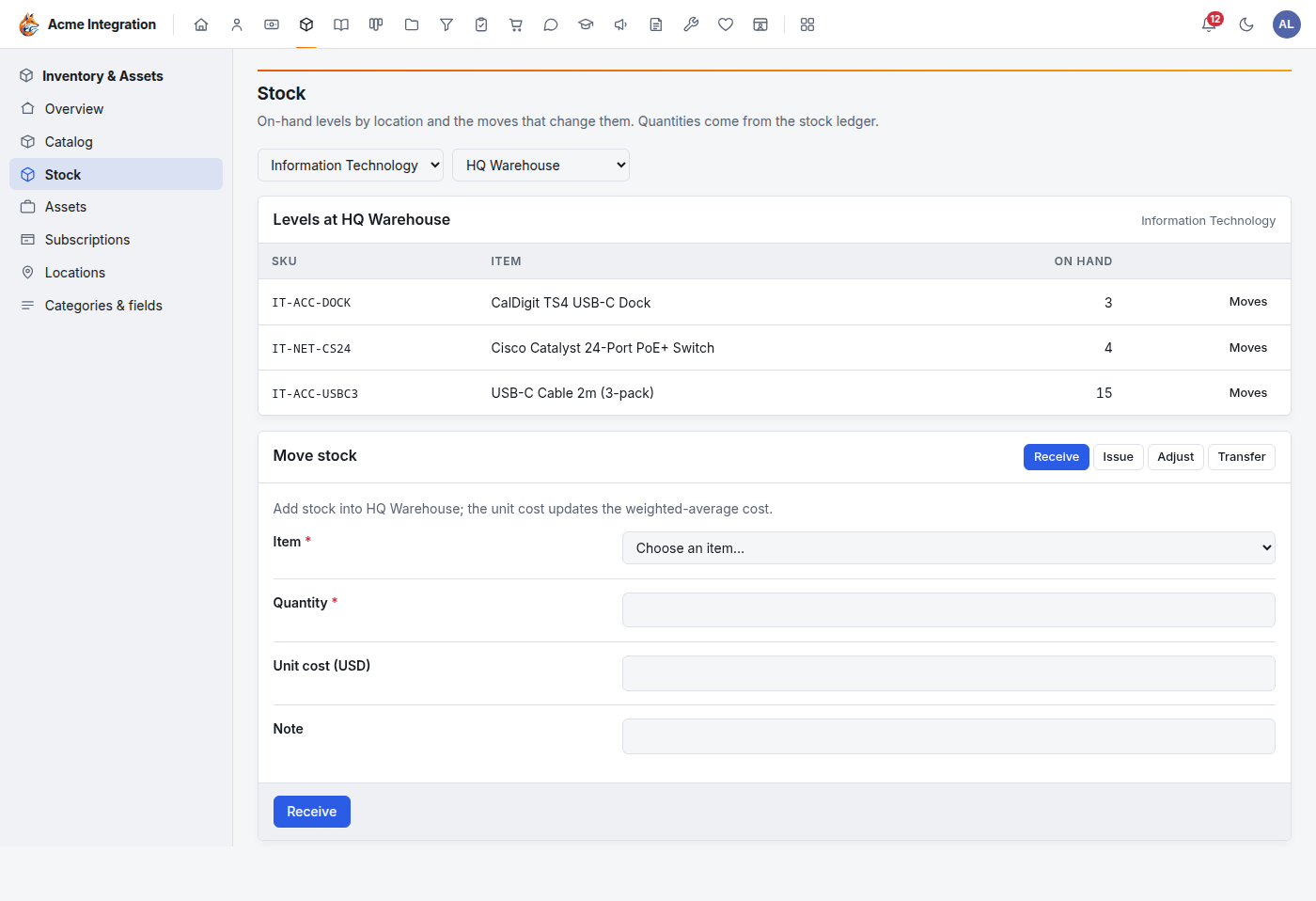 The Stock page for one department and location: on-hand levels by item, and the Move stock form with Receive, Issue, Adjust and Transfer
