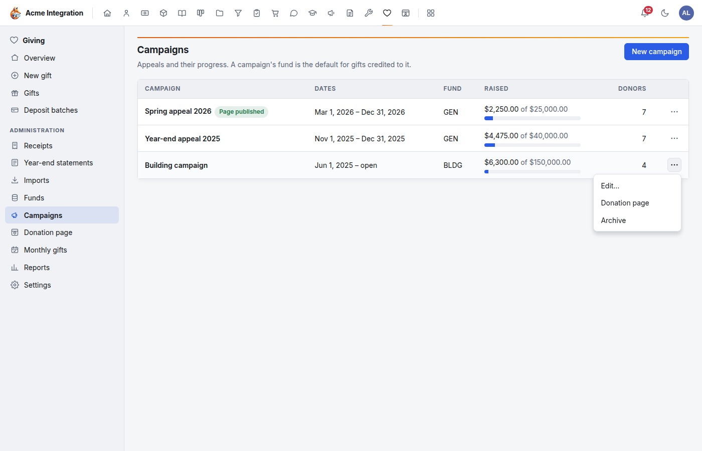 The Campaigns list with a campaign's ⋯ menu open, showing Edit…, Donation page and Archive