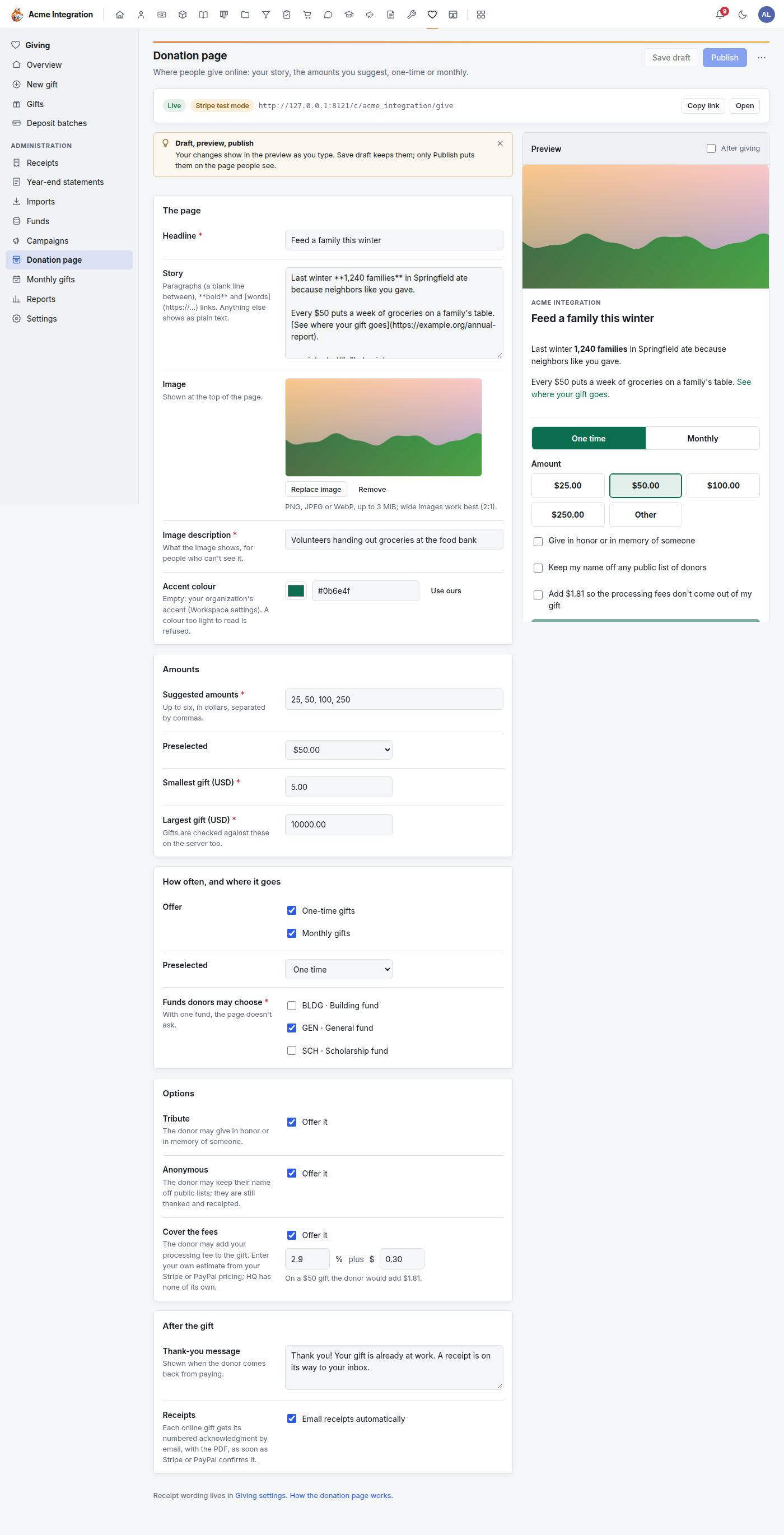 The Donation page editor: the status card with Live and Stripe test mode badges at the top, the settings cards on the left (The page, Amounts, How often and where it goes, Options, After the gift) and the live preview on the right