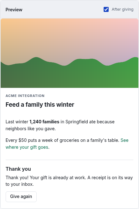 The preview with After giving ticked, showing the thank-you message and a Give again button