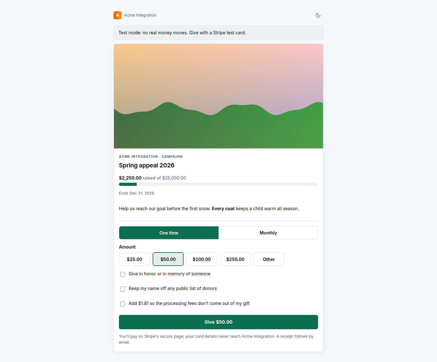 A published campaign page as a donor sees it, with the raised amount against the goal, a progress bar and the end date