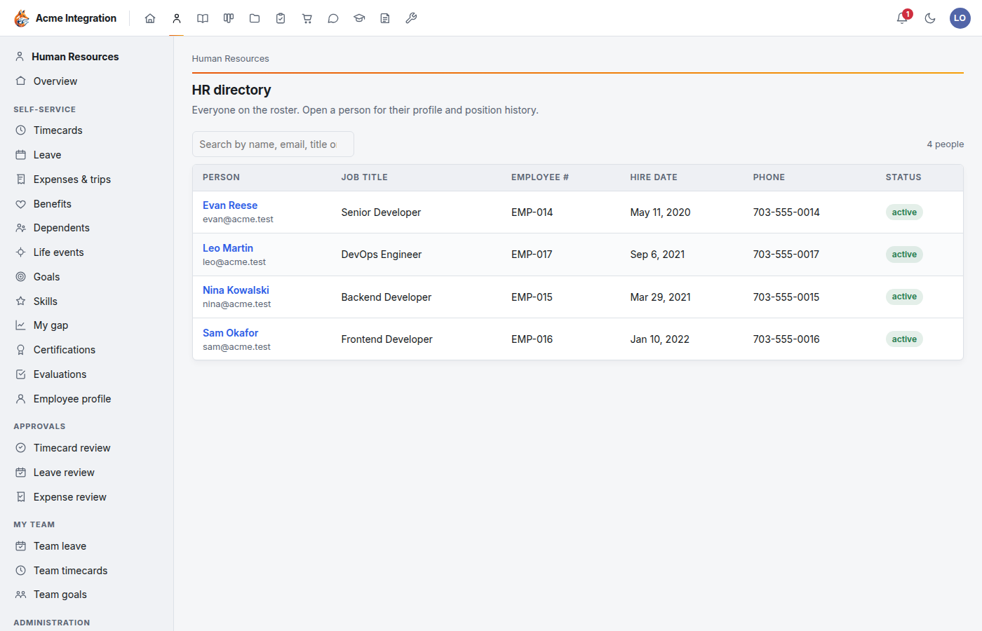 The HR directory for a department lead, listing the four members of their department