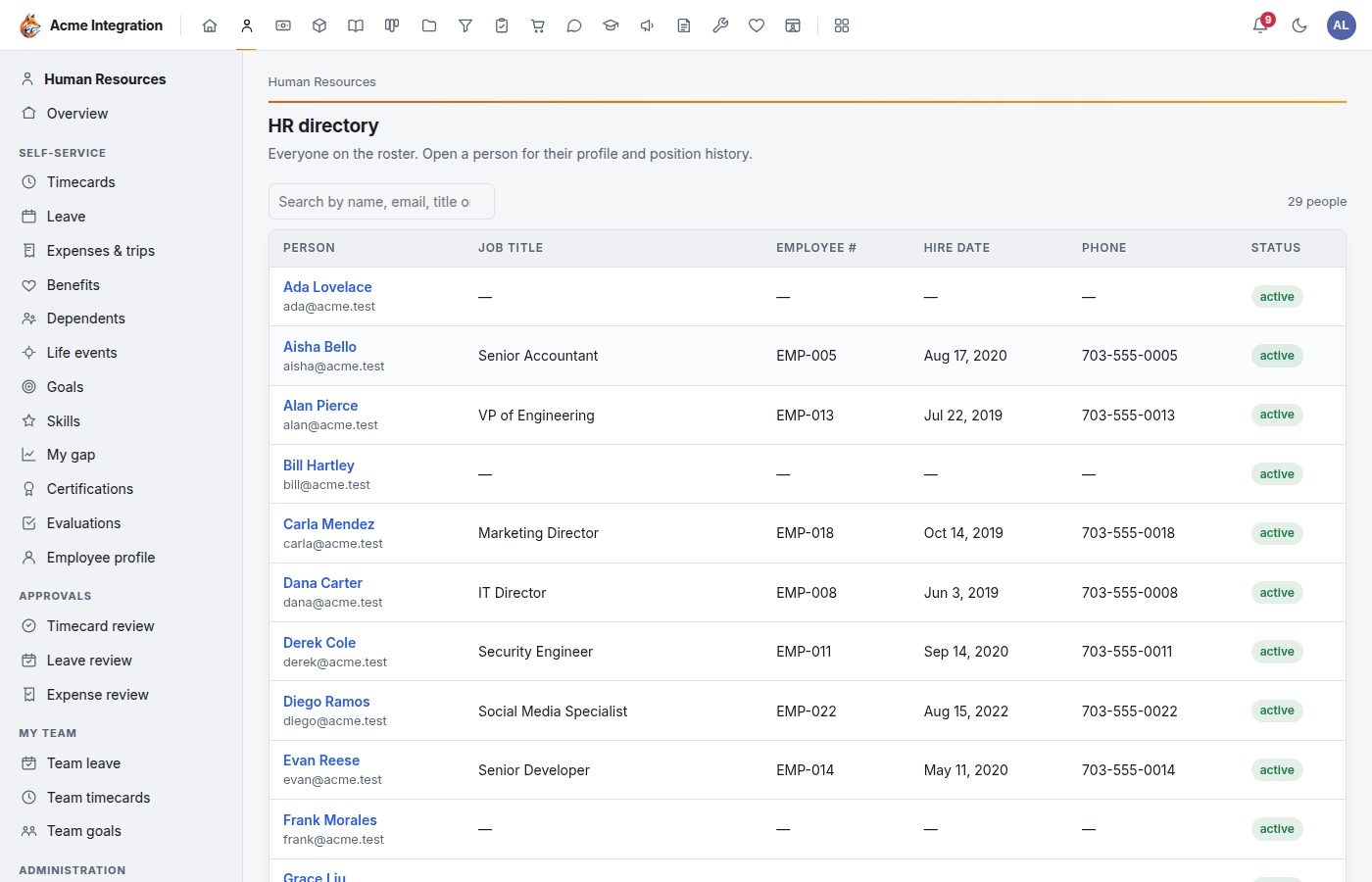 The HR directory, listing people with job title, employee number, hire date, phone and an active status badge
