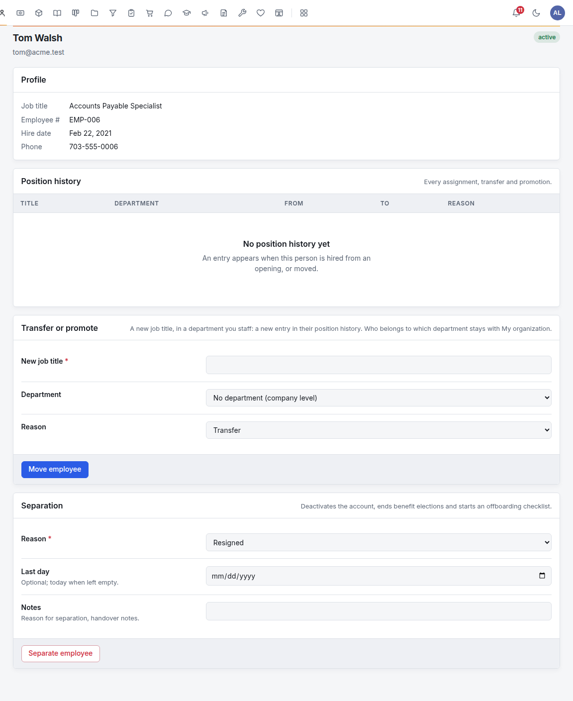 An employee's record, with the Profile card, an empty Position history, and the Transfer or promote and Separation forms