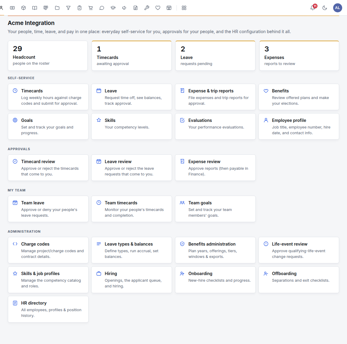 The Human Resources overview for a company administrator, with counts for headcount, timecards awaiting approval, pending leave and expenses to review, then cards grouped under Self-service, Approvals, My team and Administration