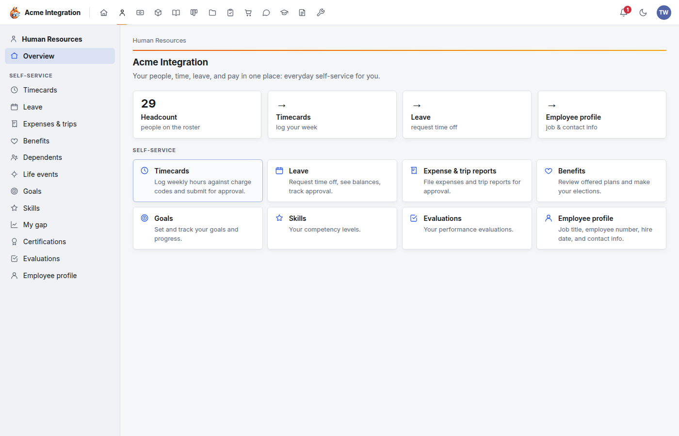 The Human Resources overview for an employee, with shortcuts to Timecards, Leave and Employee profile and the self-service cards