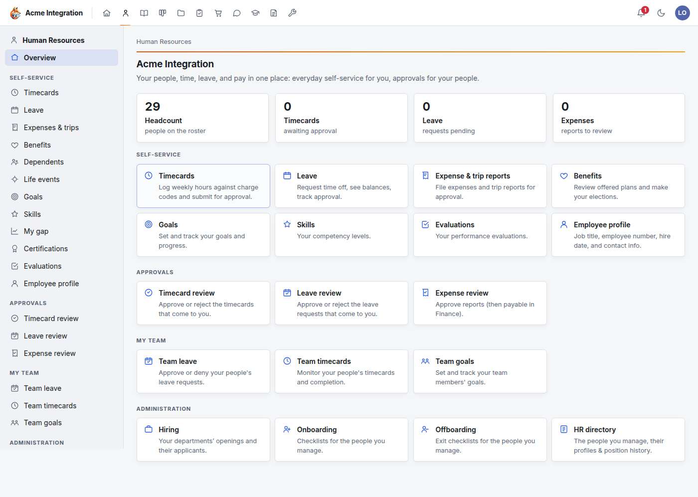 The Human Resources overview for a department lead, showing zero pending items and an Administration group with only Hiring, Onboarding, Offboarding and HR directory