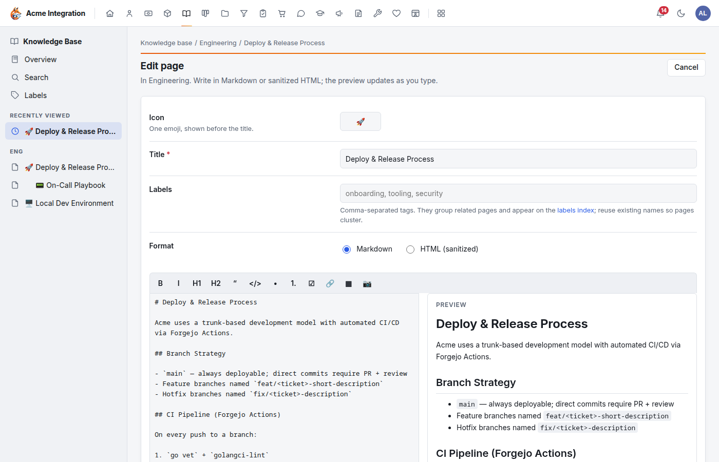 Editing a page: Icon, Title, Labels and Format fields, the formatting toolbar, the Markdown source on the left and the live preview on the right