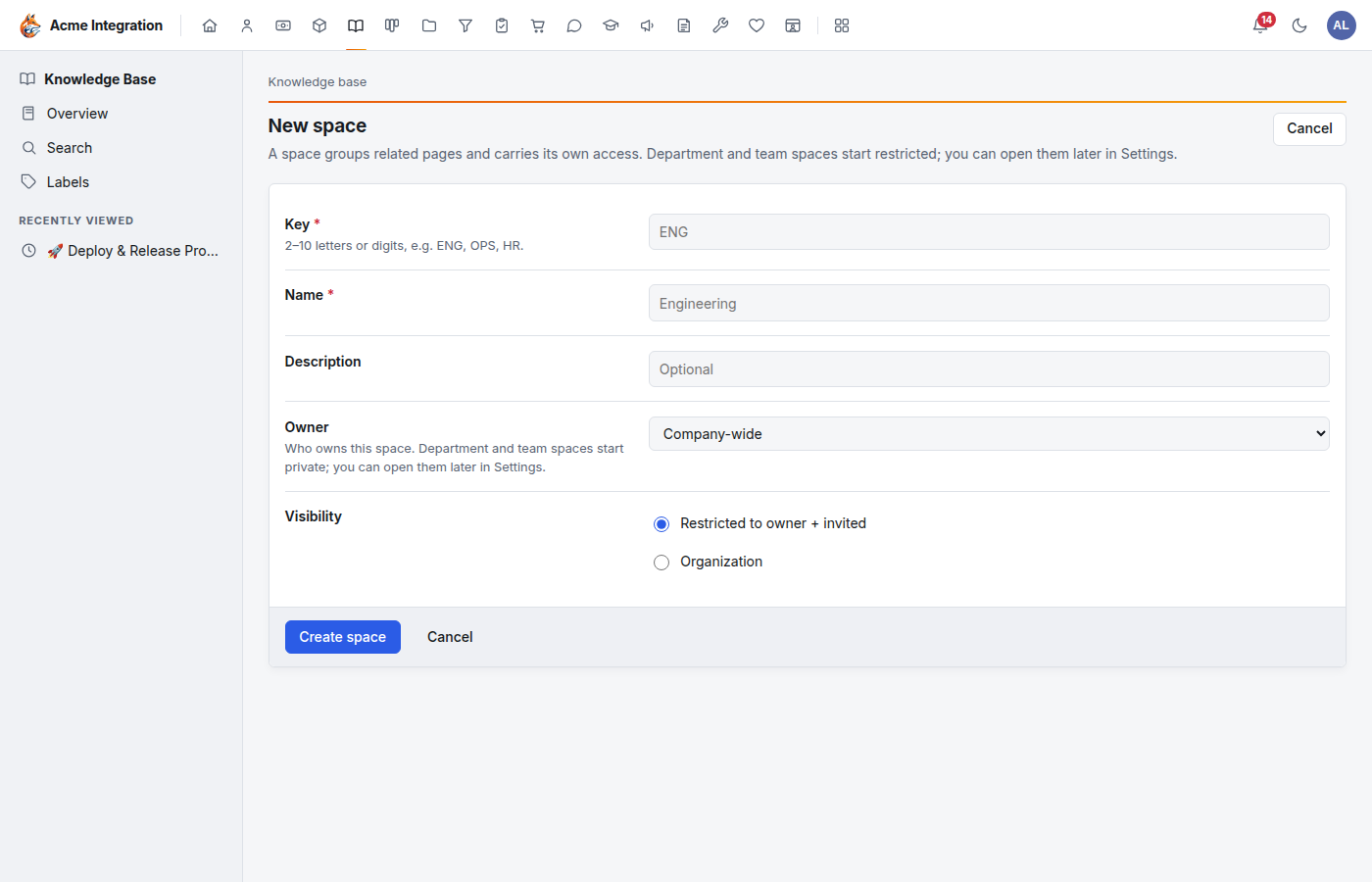 The New space form with Key, Name, Description, Owner and Visibility