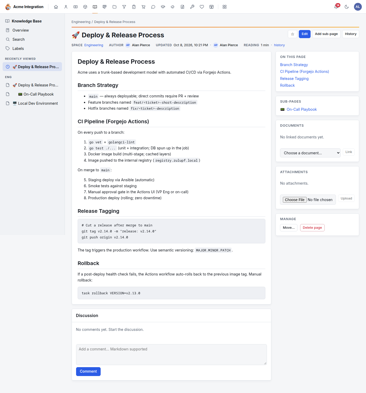 A page: title with the favourite star, Edit, Add sub-page and History buttons; the page text; and On this page, Sub-pages, Documents, Attachments and Manage panels