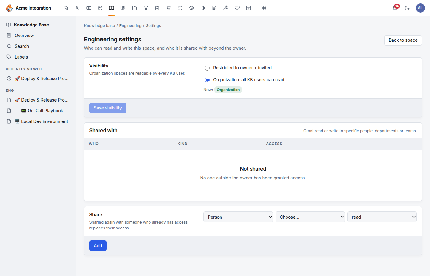 The space Settings page with Visibility (Restricted or Organization), and the Share and Shared with sections