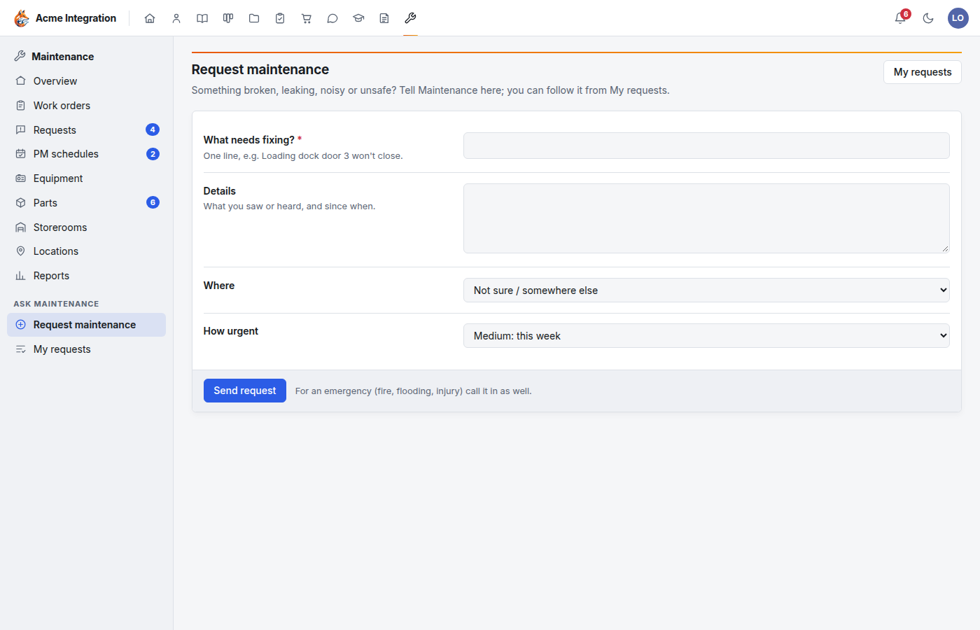 The Request maintenance form: What needs fixing?, Details, Where, How urgent and the Send request button