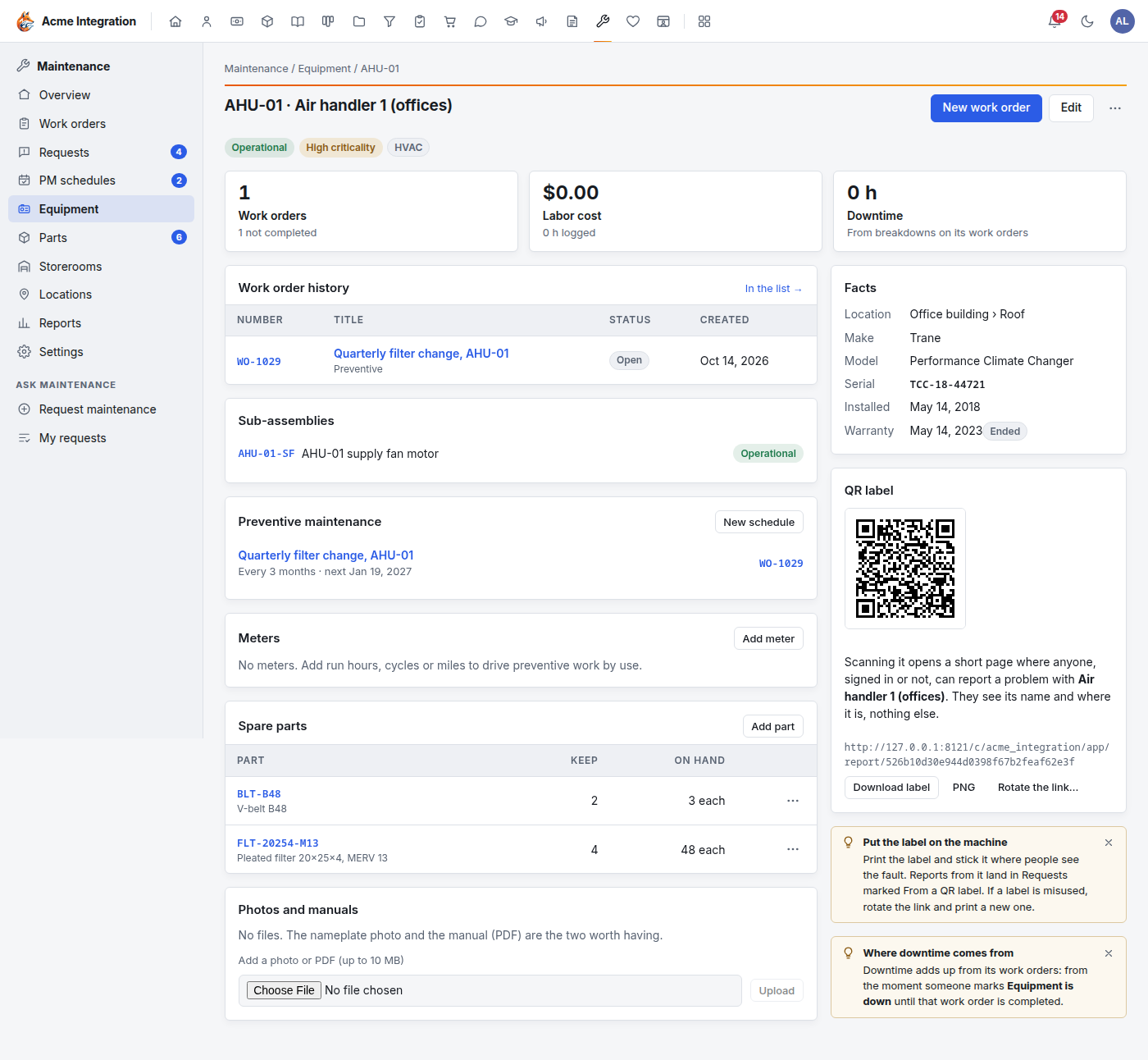 An equipment page for AHU-01 Air handler 1: work order history, sub-assemblies, preventive maintenance, meters, spare parts, facts and the QR label with Download label, PNG and Rotate the link