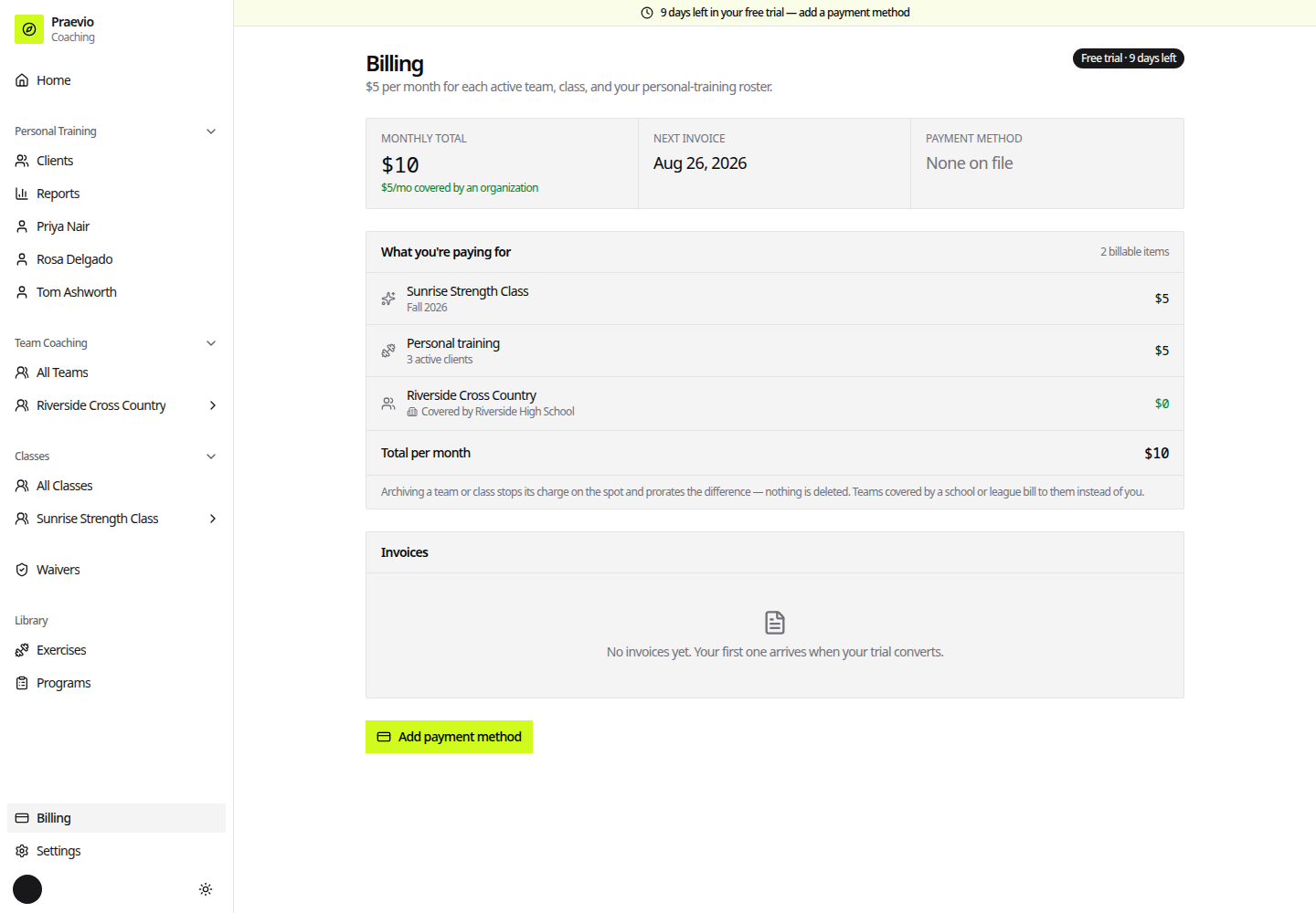 Billing page with monthly total, next invoice, payment method, and an itemised list of a class, personal training, and an organization-covered team at $0