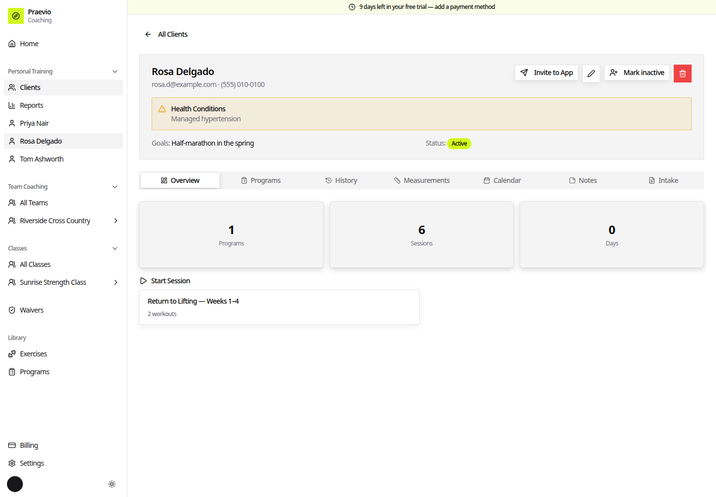 Client record header with a health-conditions callout and goals, above the Overview tab and its stat cards