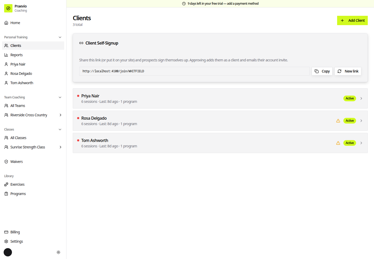 Clients page with the Client Self-Signup card above three client rows showing session counts and status badges
