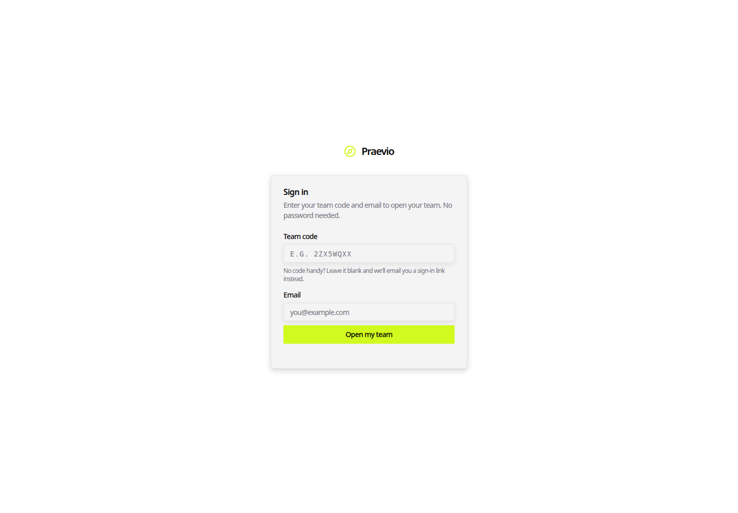 Portal sign-in card with team code and email fields and an Open my team button