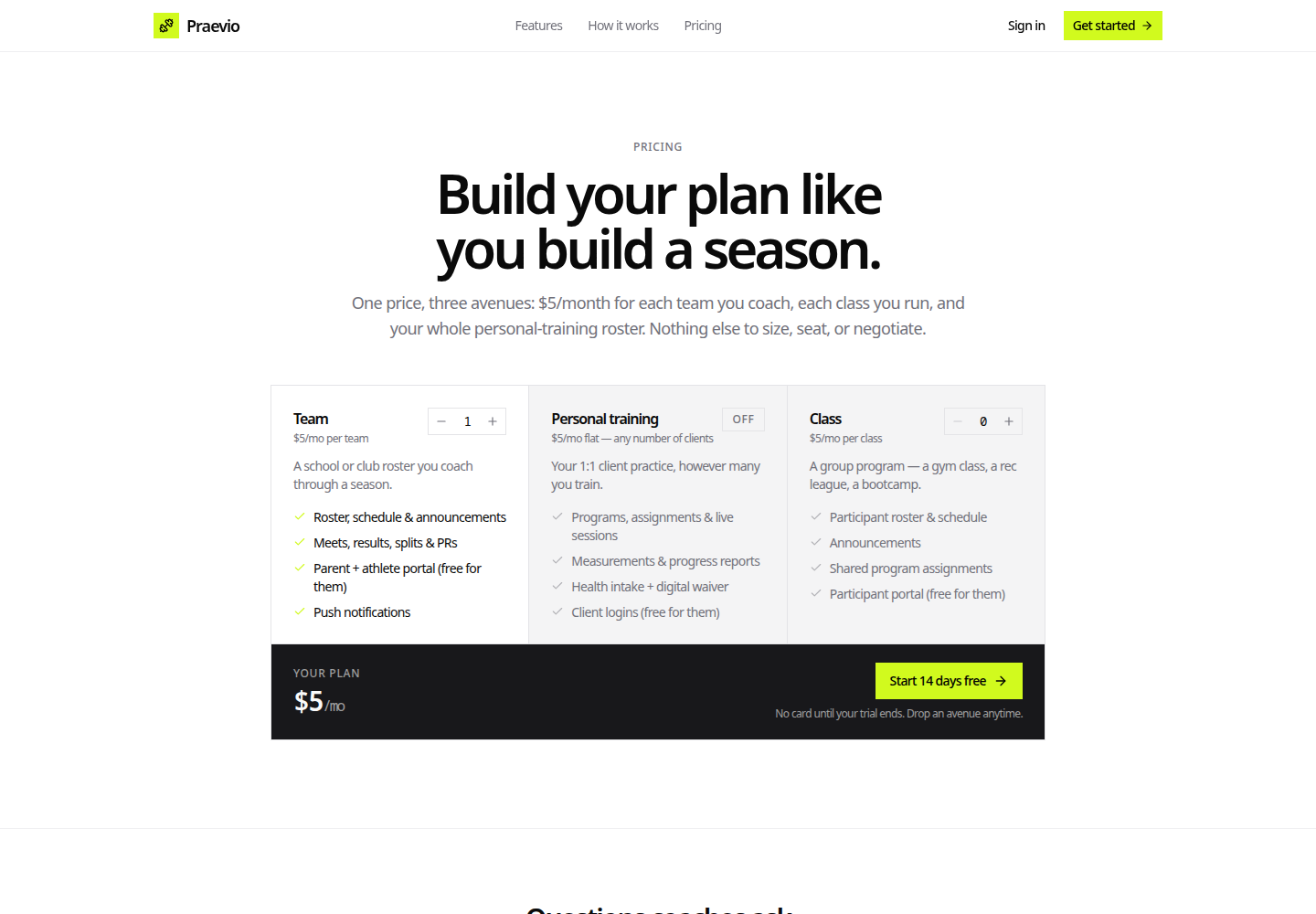 Pricing page with a counter for teams, personal training, and classes, and the resulting monthly plan total