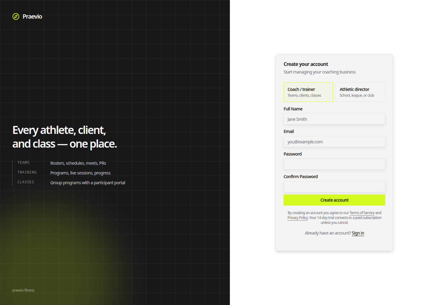 Create your account form with the Coach / trainer and Athletic director tiles above the name, email, and password fields